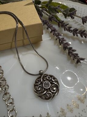Brighton Silver-Tone Swirl Pendant Necklace with Clear Crystal